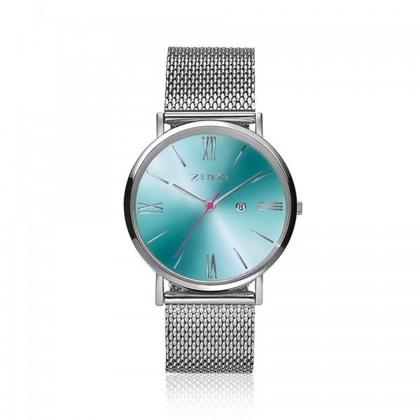 Zinzi - Roman ZIW511M Dameshorloge Zilverkleurig Blauw + Gratis Zinzi Armbandje