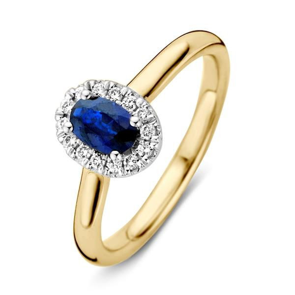 Damesring 14karaat Briljant 0,13crt & Blauw Saffier