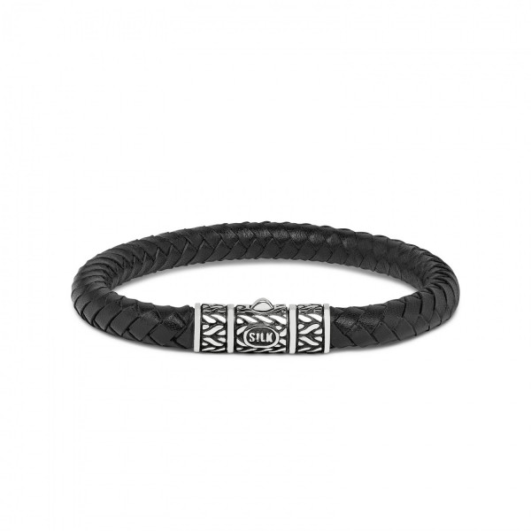 Silk - Zilveren Leren Armband 156BLK.20 Zwart Gevlochten