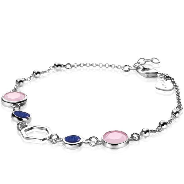 Zinzi - Zilveren Fantasie Armband ZIA2002 Zeshoek en Blauw/Roze Kleursteen