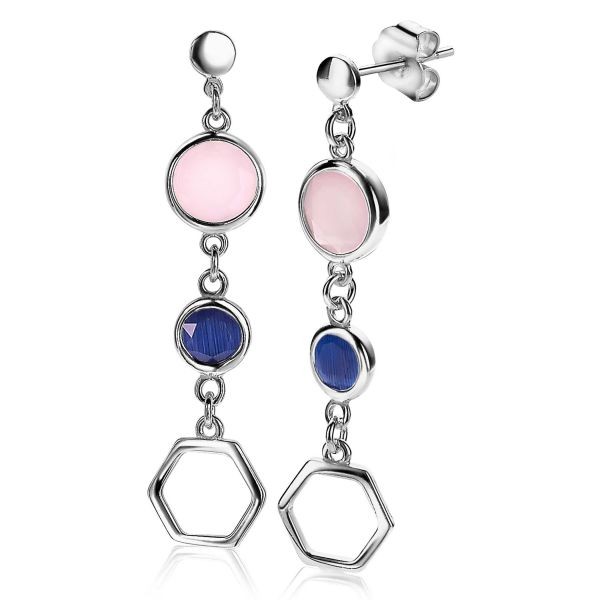 Zinzi - Zilveren Oorhangers ZIO2002 Zeshoek en Blauw/Roze Kleursteen Rondjes