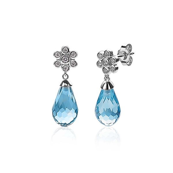 Zinzi - Zilveren Luxe Oorknoppen ZIO1833B Blauwe Druppel met Bloemetje