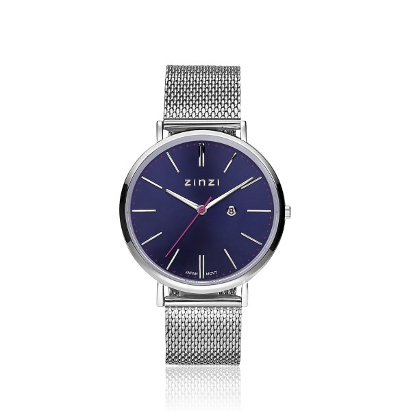 Zinzi - Retro ZIW403M Dameshorloge Zilverkleurig Blauw + Gratis Zinzi Armbandje