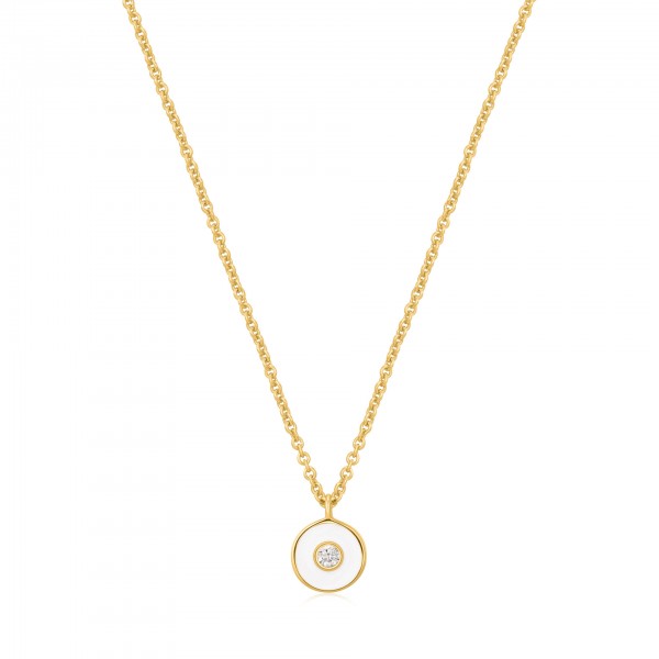 Ania Haie - Zilveren Collier N028-01G-W Goudkleurig - Optic White Enamel Disc