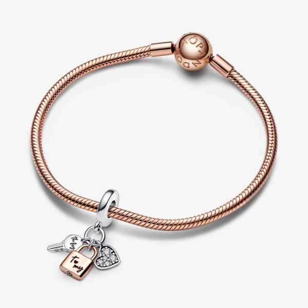 Pandora tweekleurige sleutel, hangslot en hart hangende bedel 782506C01