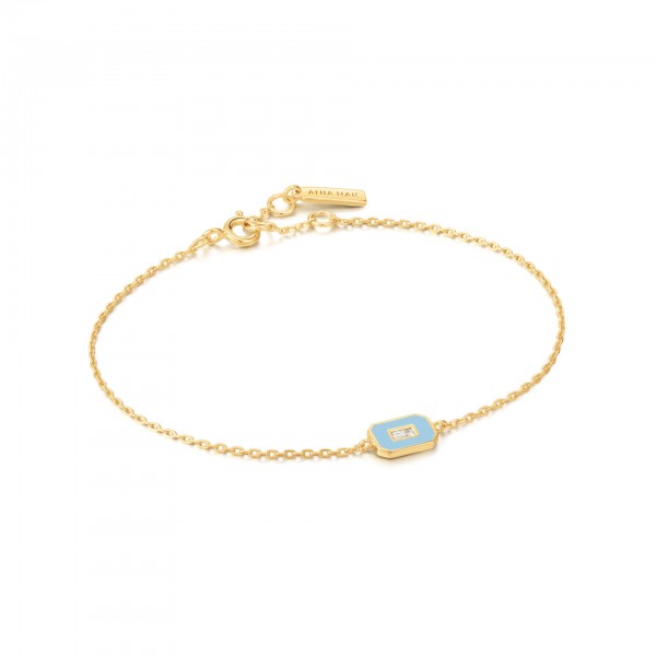 Ania Haie - Zilveren Armband B028-02G-B Goudkleurig - Powder Blue Enamel Emblem