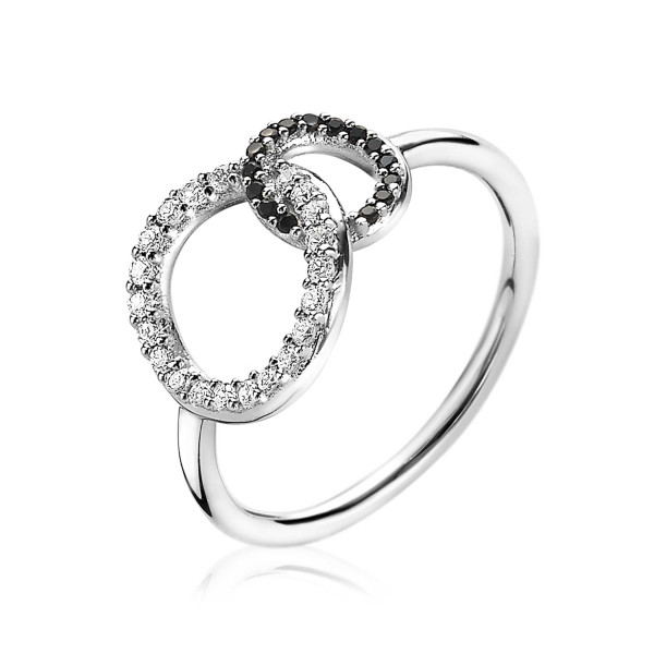 ZINZI zilveren ring 2 ronde vormen verbonden zwart/wit ZIR1987-56