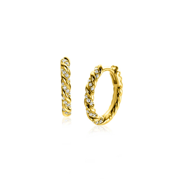 ZINZI zilveren (geel verguld) oorringen gedraaid 15x2 mm met witte zirkonia's ZIO2320Y