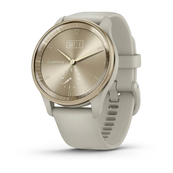 Garmin vivomode Trend Cream Goudkleurige rand van RVS met French Grey behuizing en siliconen band 01