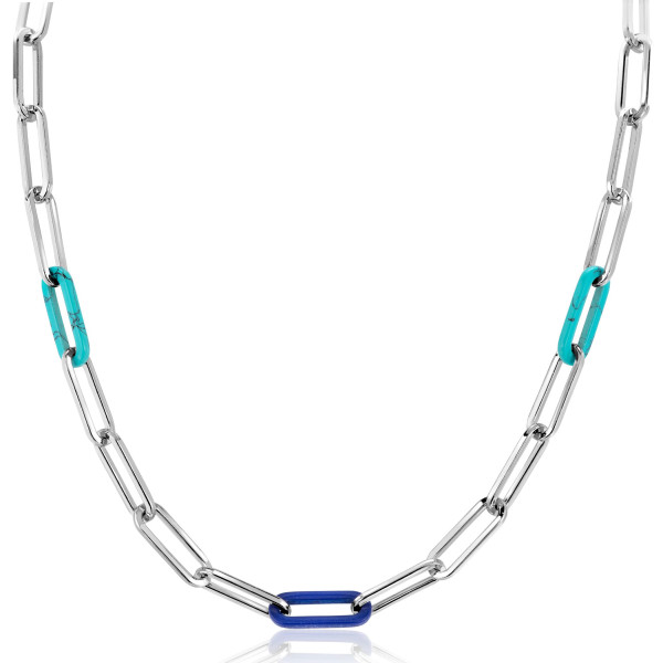 Zinzi Luxe Zilverkleurige ketting met paperclipschakels en trendy schakels in turquoise en lapisblau
