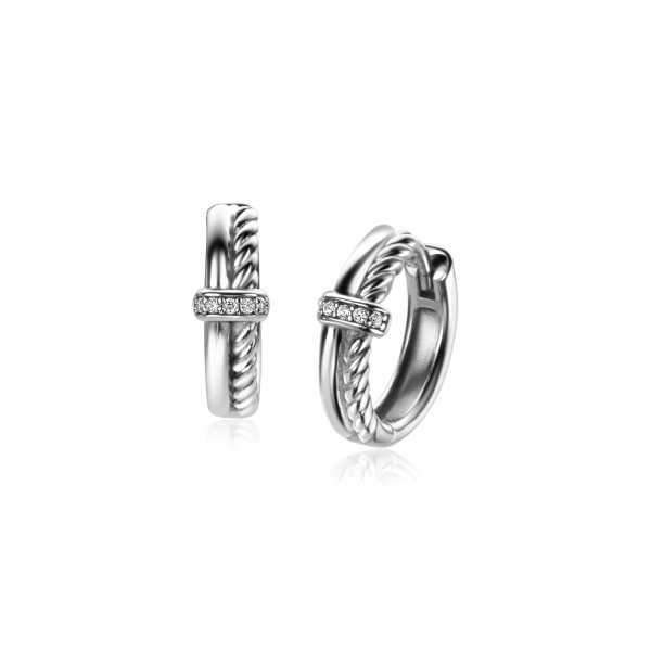 ZINZI Zilveren multi-look oorringen 14 mm glad gedraaide buis met witte zirkonia ZIO2324