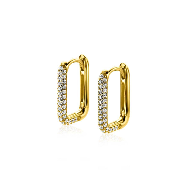 ZINZI zilveren (geel verguld) luxe oorringen 15x2 mm rechthoekig met witte zirkonia's ZIO2221Y