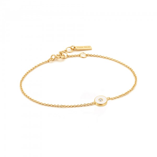 Ania Haie - Zilveren Armband B028-01G-W Goudkleurig - Optic White Enamel Disc